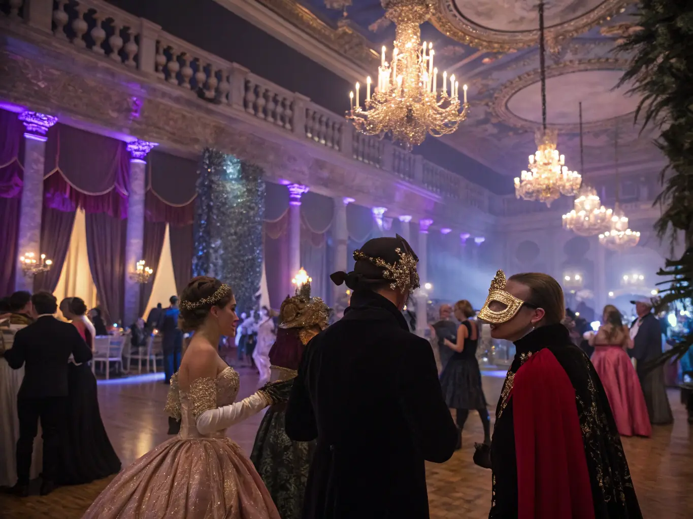 A captivating image of a themed evening event organized by ZICABAZAC, showing attendees dressed in costumes and participating in themed activities.