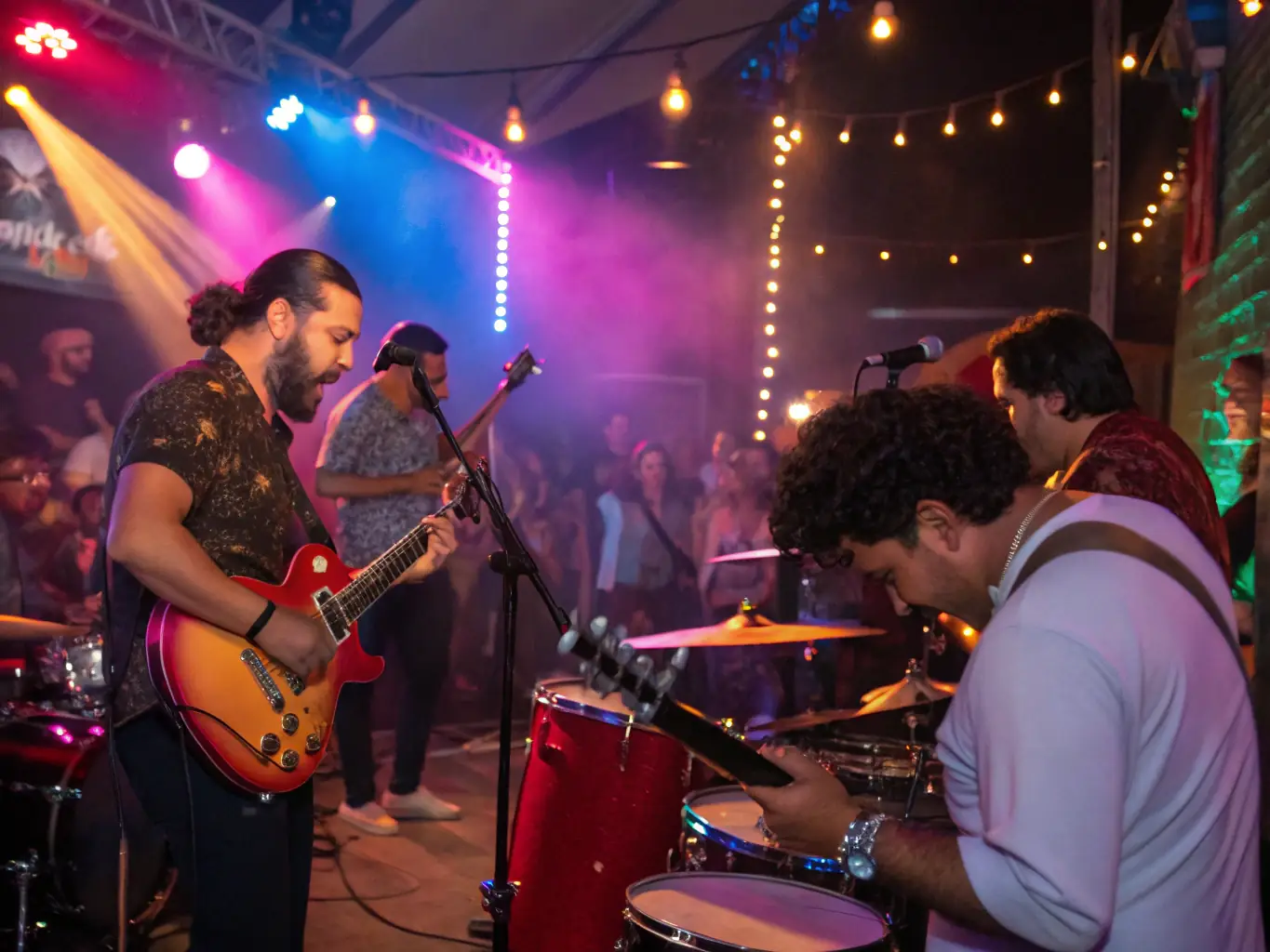 A vibrant image depicting a live musical performance at a ZICABAZAC event, showcasing musicians on stage with a diverse audience enjoying the music.