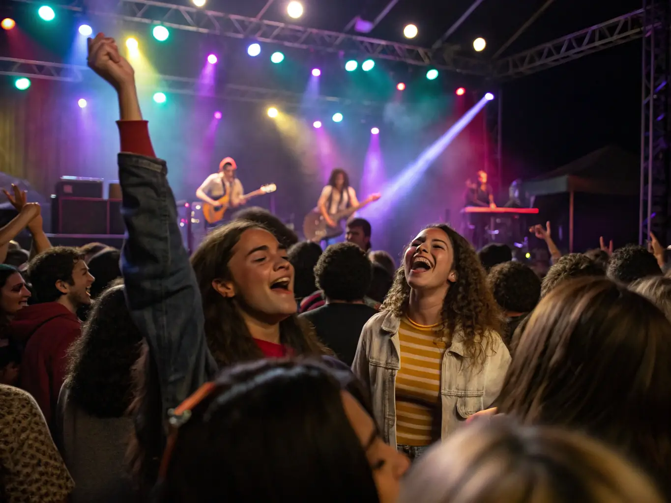 A vibrant photograph capturing a live musical performance at a ZICABAZAC event, with a diverse audience enjoying the music under colorful stage lights.